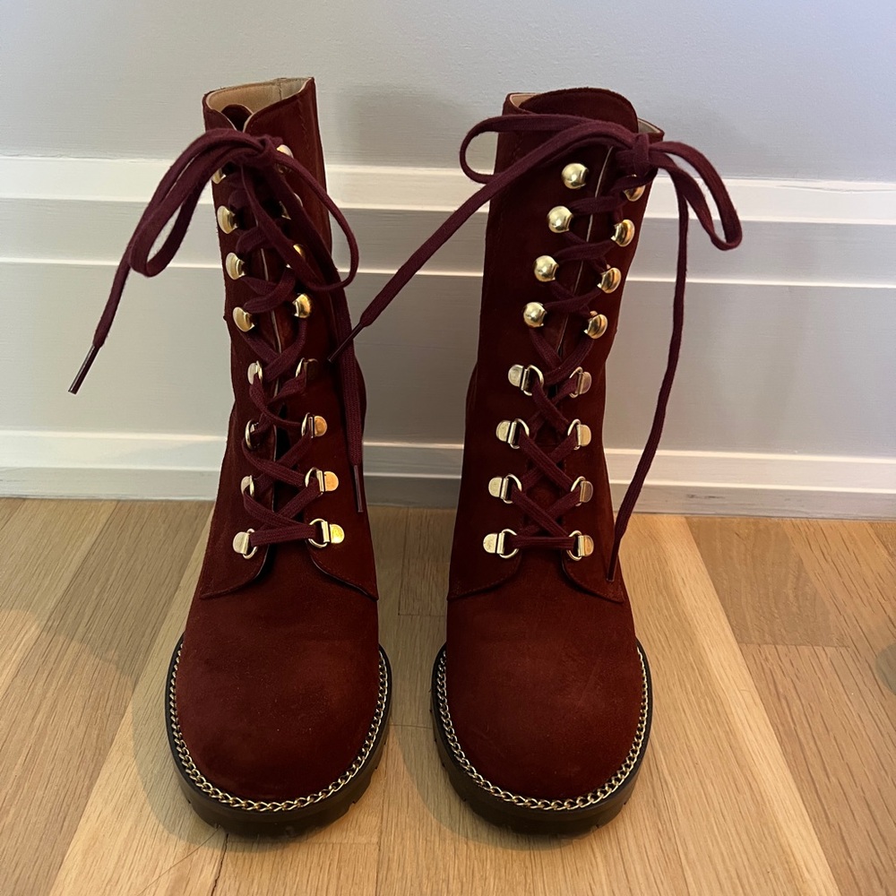 Stuart Weitzman Kolbie Block Heel Red Suede Lace Up Booties